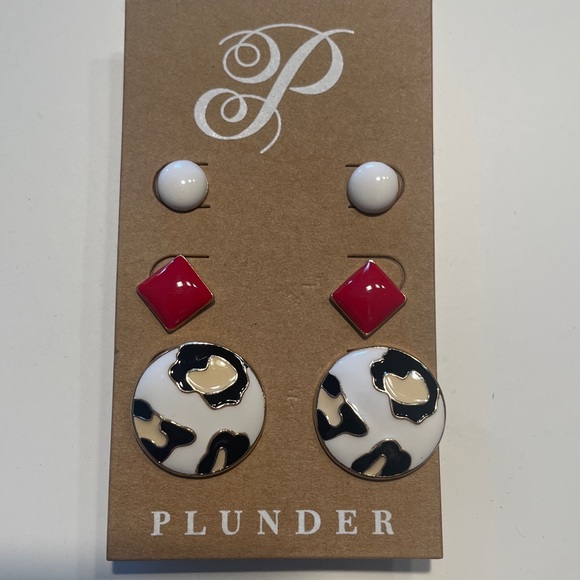 Plunder Jewelry - 3 Plunder White, Red & Leopard Print Earrings Trio!!! NEW /SEALED